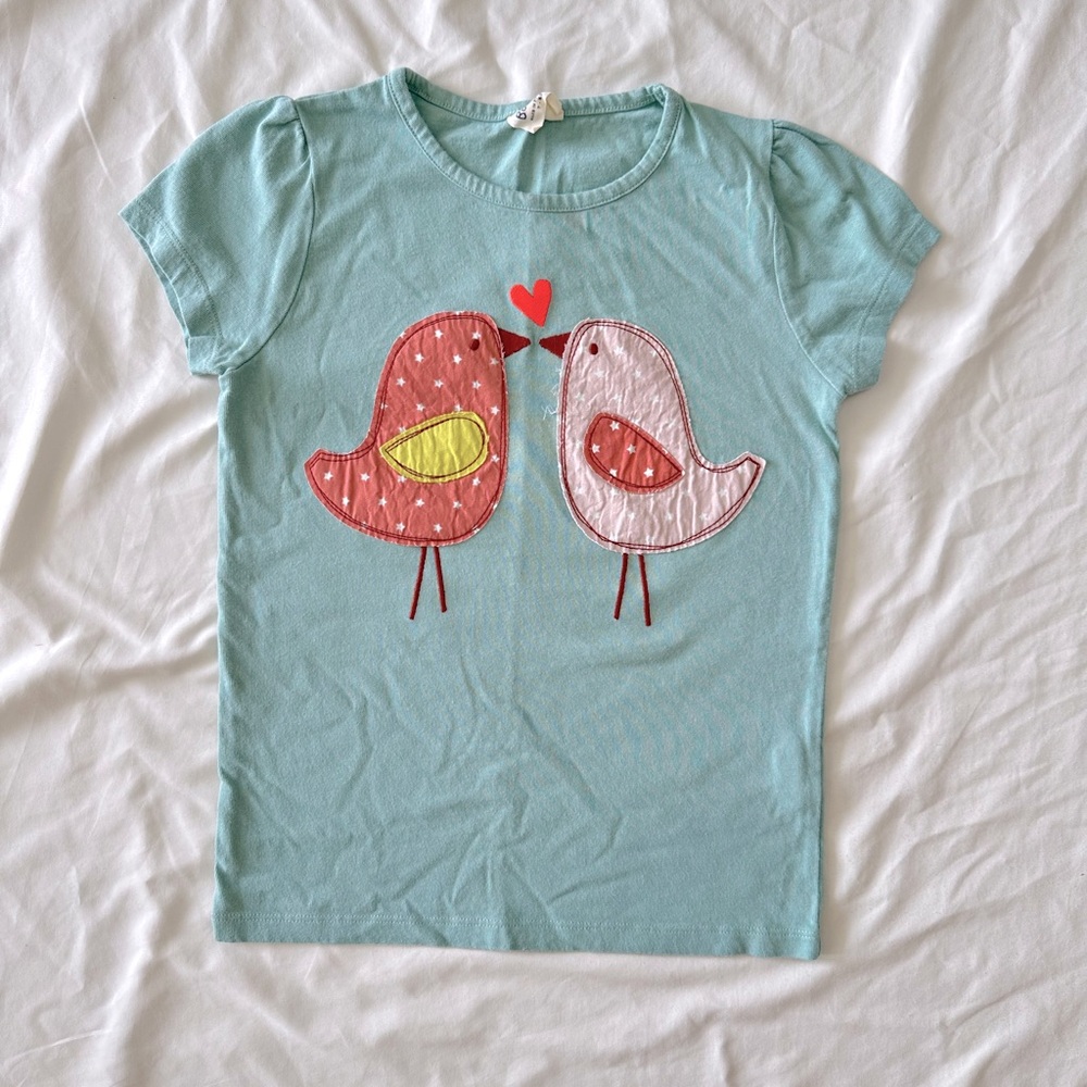 MiniBoden AquaTee with Appliqué Bird Design, Size 7-8.